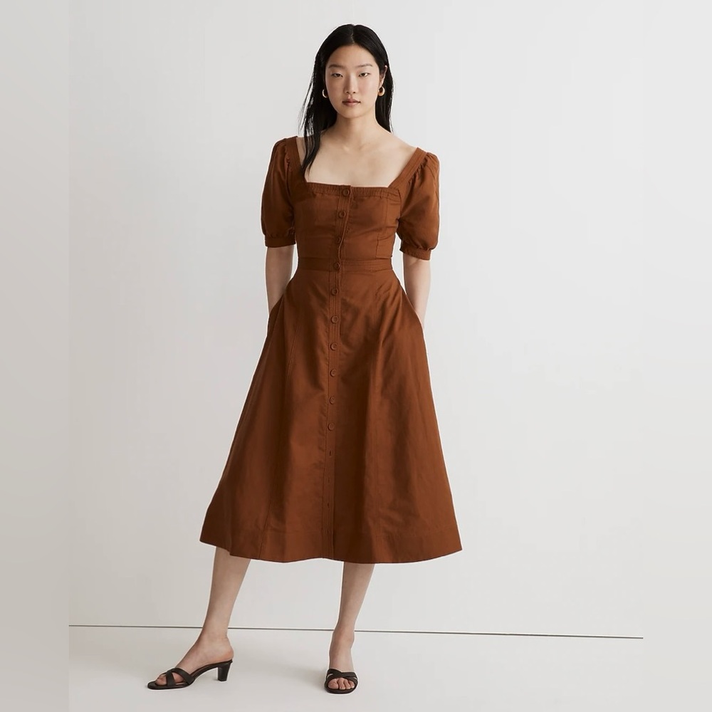 Madewell Seamed Puff-Sleeve Midi Dress